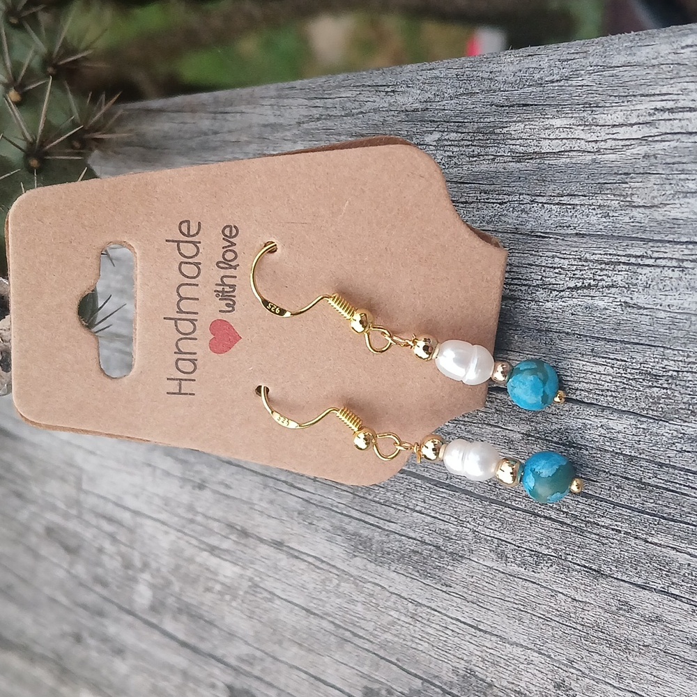 Turquoise & Pearl Dangle Earrings - Picture 3 of 4